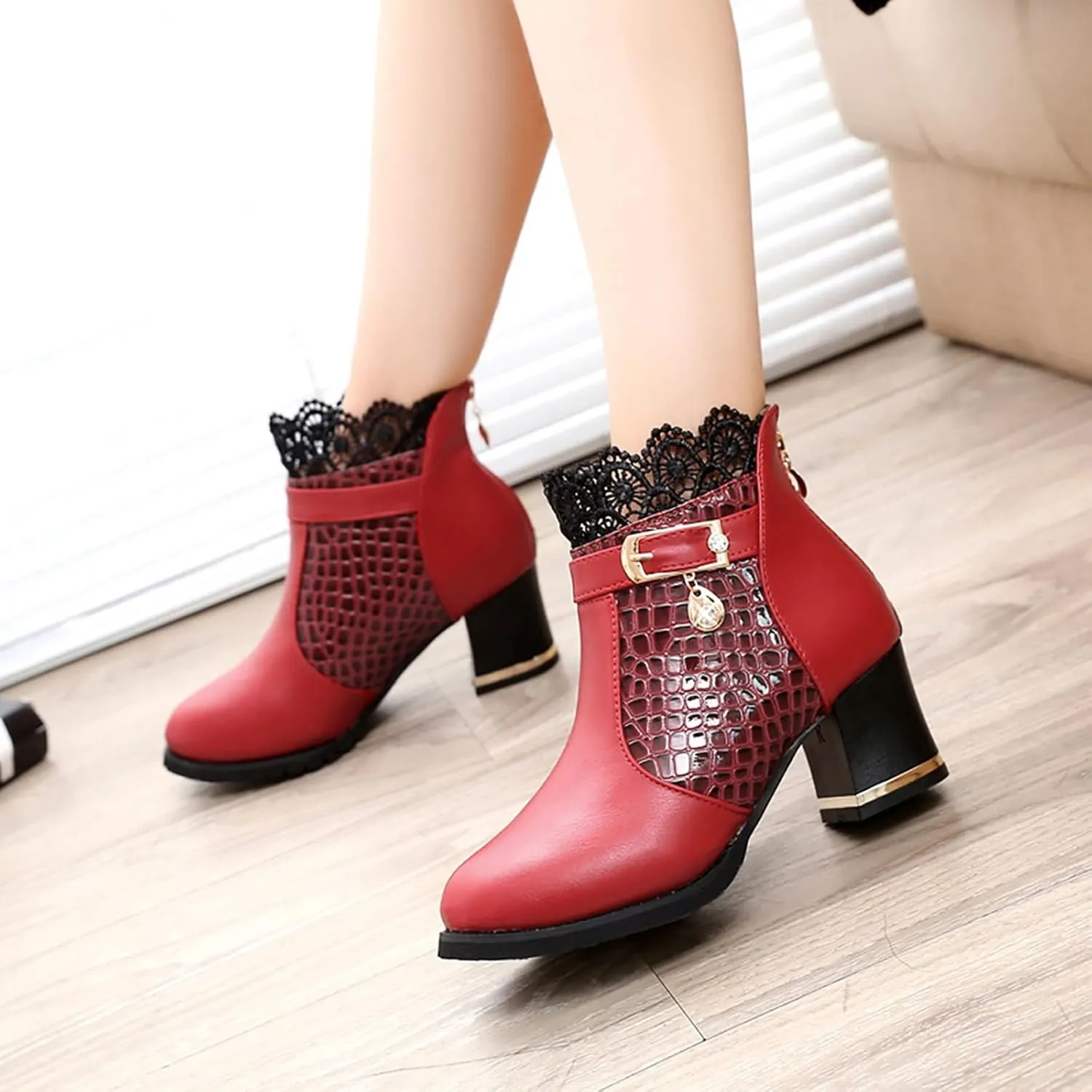 Classic Ankle Boots for Women Retro Lace Trim Ankle Booties Pointed Toe Zipper Low Chunky Heel Ankle Boots