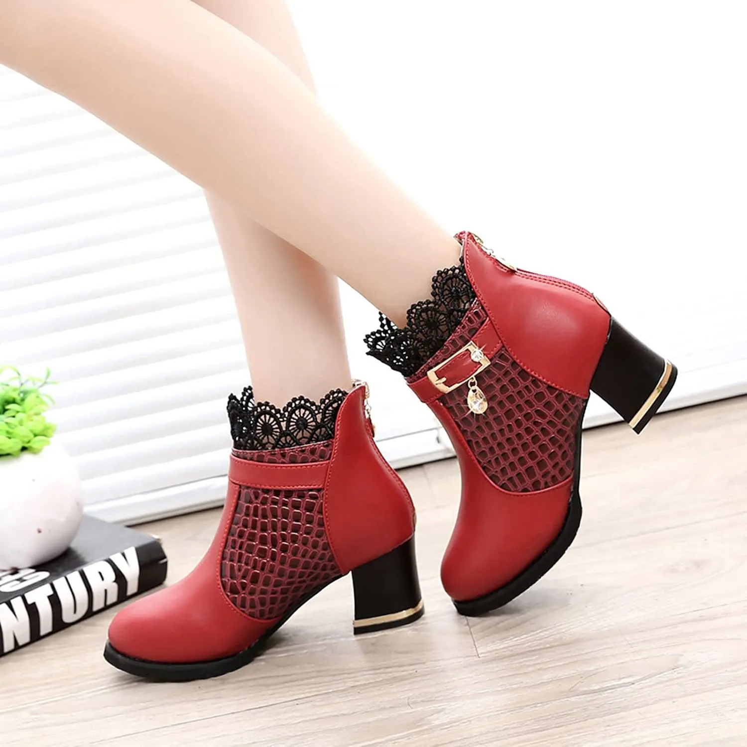 Classic Ankle Boots for Women Retro Lace Trim Ankle Booties Pointed Toe Zipper Low Chunky Heel Ankle Boots
