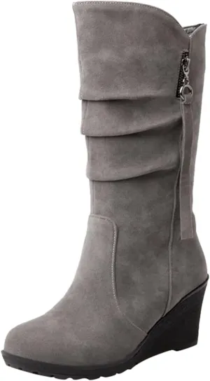 Combat Boots Womens Wedge Heels Thigh High Boots Pleated Round Toe Knee High Boots Zipper Mid-Calf Bootie
