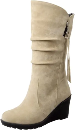 Combat Boots Womens Wedge Heels Thigh High Boots Pleated Round Toe Knee High Boots Zipper Mid-Calf Bootie