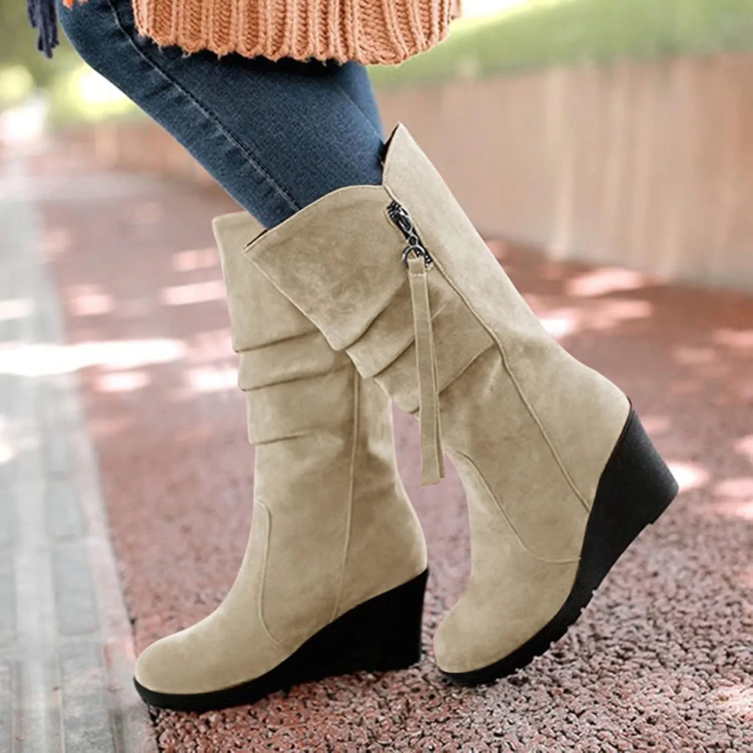 Combat Boots Womens Wedge Heels Thigh High Boots Pleated Round Toe Knee High Boots Zipper Mid-Calf Bootie