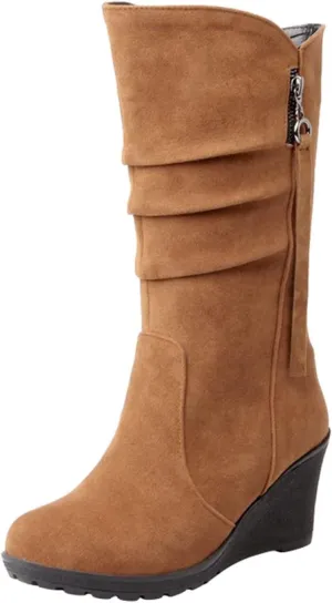 Combat Boots Womens Wedge Heels Thigh High Boots Pleated Round Toe Knee High Boots Zipper Mid-Calf Bootie