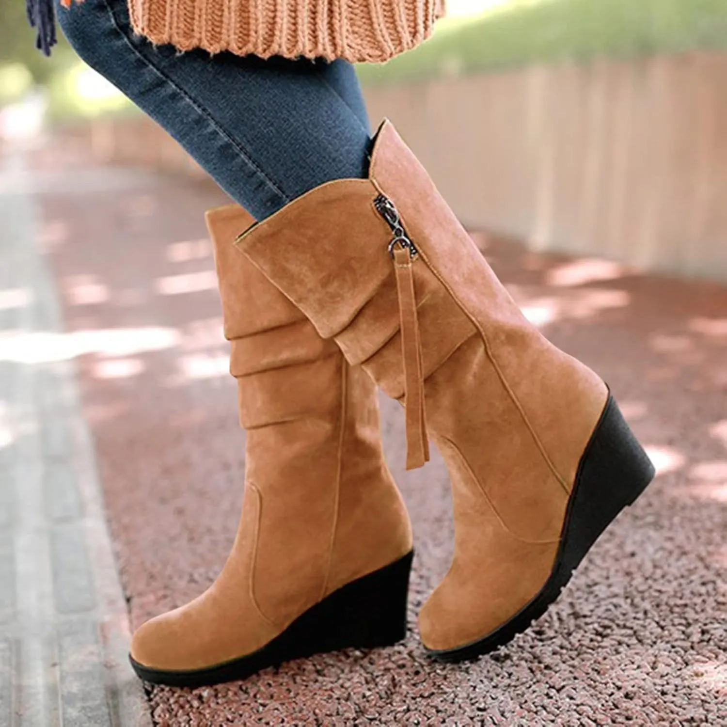 Combat Boots Womens Wedge Heels Thigh High Boots Pleated Round Toe Knee High Boots Zipper Mid-Calf Bootie