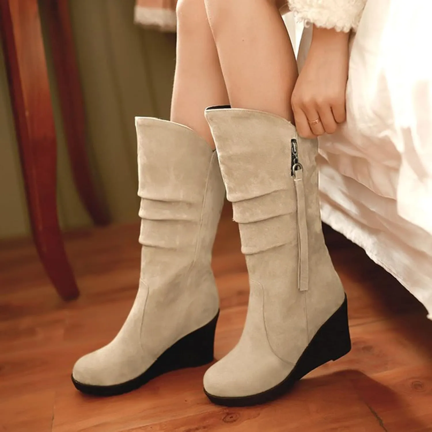 Combat Boots Womens Wedge Heels Thigh High Boots Pleated Round Toe Knee High Boots Zipper Mid-Calf Bootie