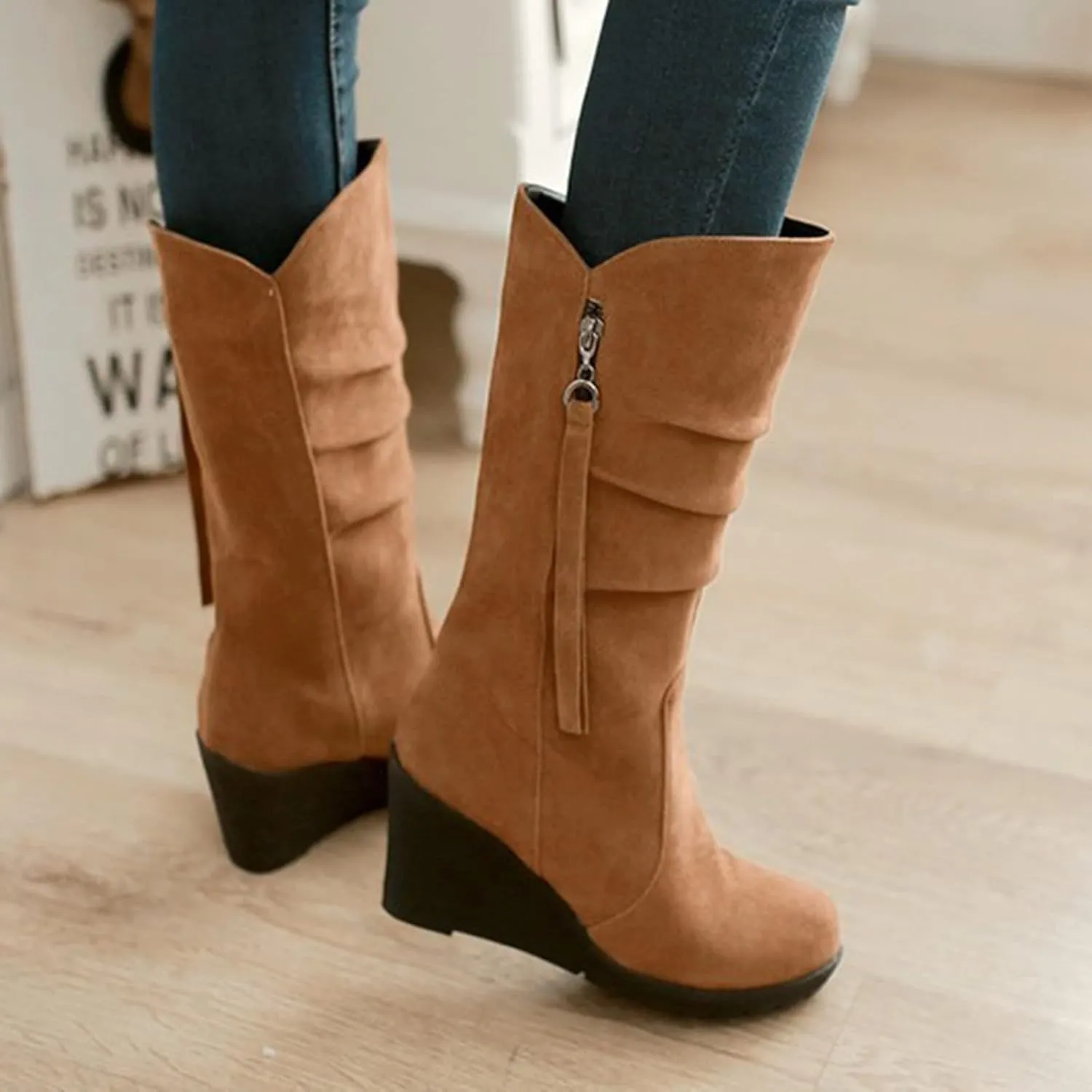 Combat Boots Womens Wedge Heels Thigh High Boots Pleated Round Toe Knee High Boots Zipper Mid-Calf Bootie