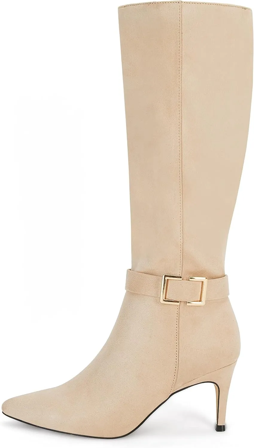 Coutgo Womens Knee High Boots Stiletto Heels Suede Pointed Toe Wide Calf Metal Buckle Side Zipper Winter Boots