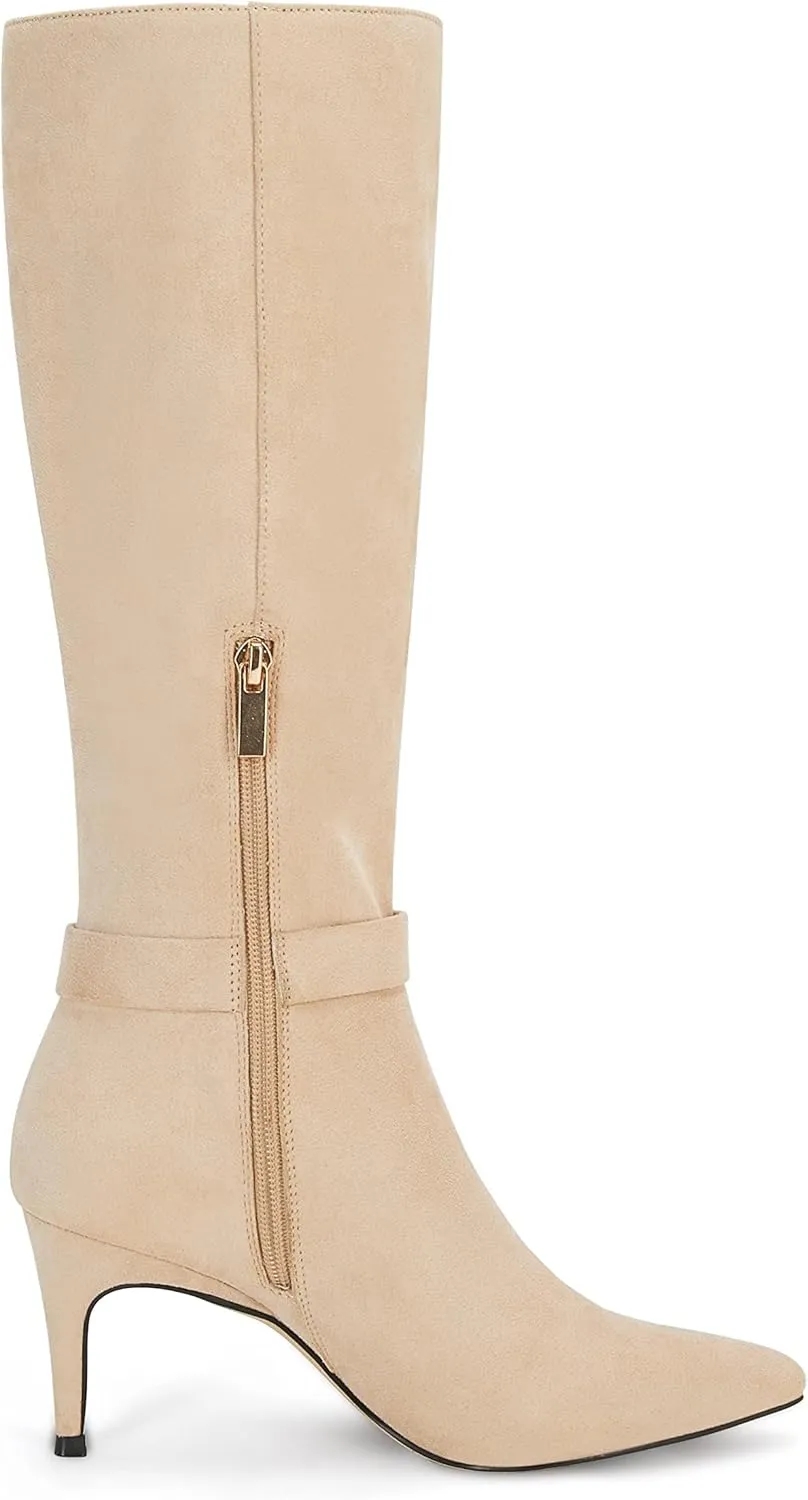 Coutgo Womens Knee High Boots Stiletto Heels Suede Pointed Toe Wide Calf Metal Buckle Side Zipper Winter Boots