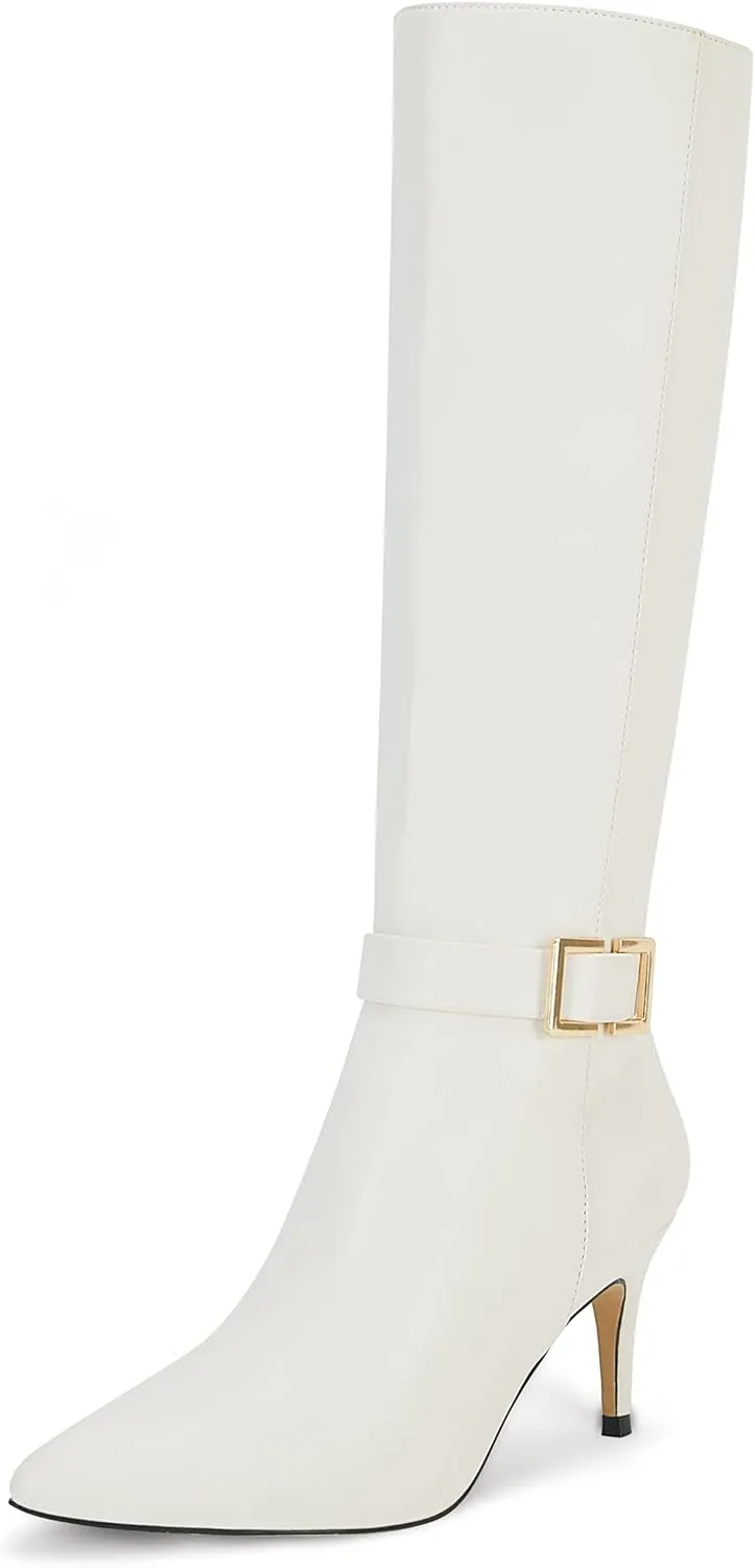 Coutgo Womens Knee High Boots Stiletto Heels Suede Pointed Toe Wide Calf Metal Buckle Side Zipper Winter Boots