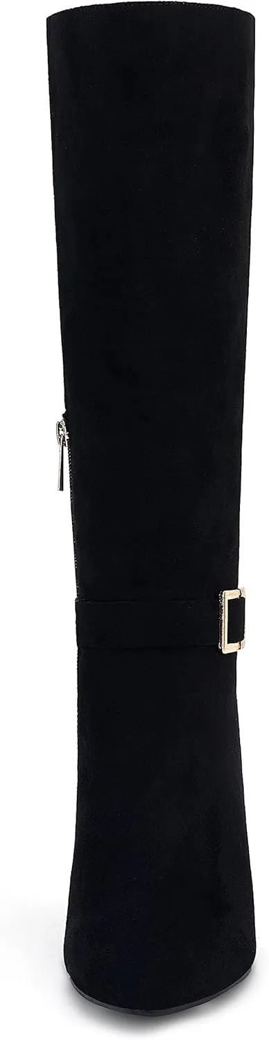 Coutgo Womens Knee High Boots Stiletto Heels Suede Pointed Toe Wide Calf Metal Buckle Side Zipper Winter Boots