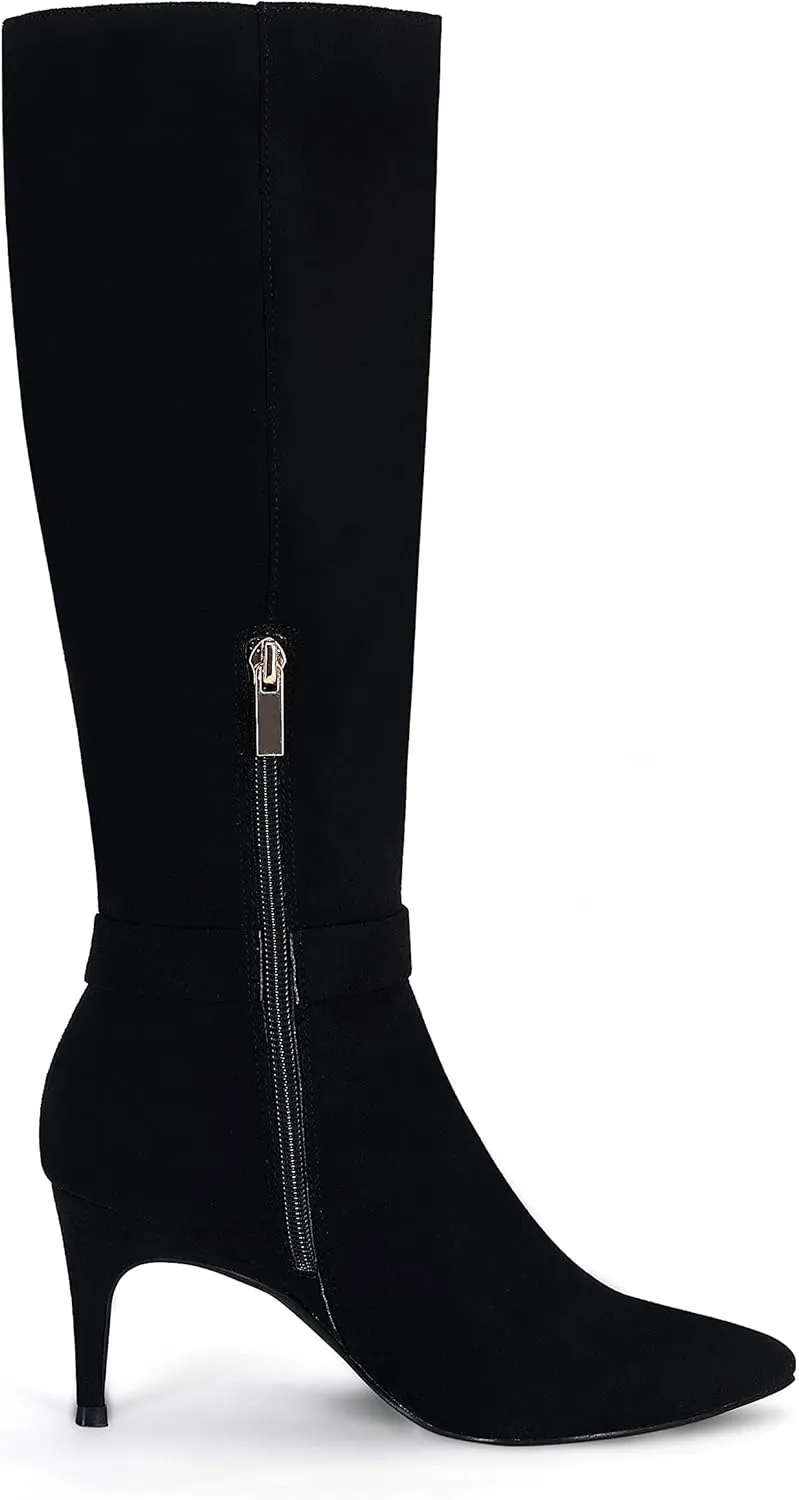 Coutgo Womens Knee High Boots Stiletto Heels Suede Pointed Toe Wide Calf Metal Buckle Side Zipper Winter Boots