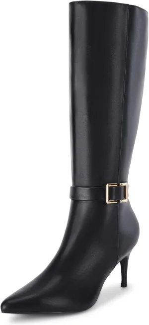 Coutgo Womens Knee High Boots Stiletto Heels Suede Pointed Toe Wide Calf Metal Buckle Side Zipper Winter Boots