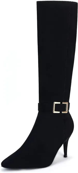 Coutgo Womens Knee High Boots Stiletto Heels Suede Pointed Toe Wide Calf Metal Buckle Side Zipper Winter Boots