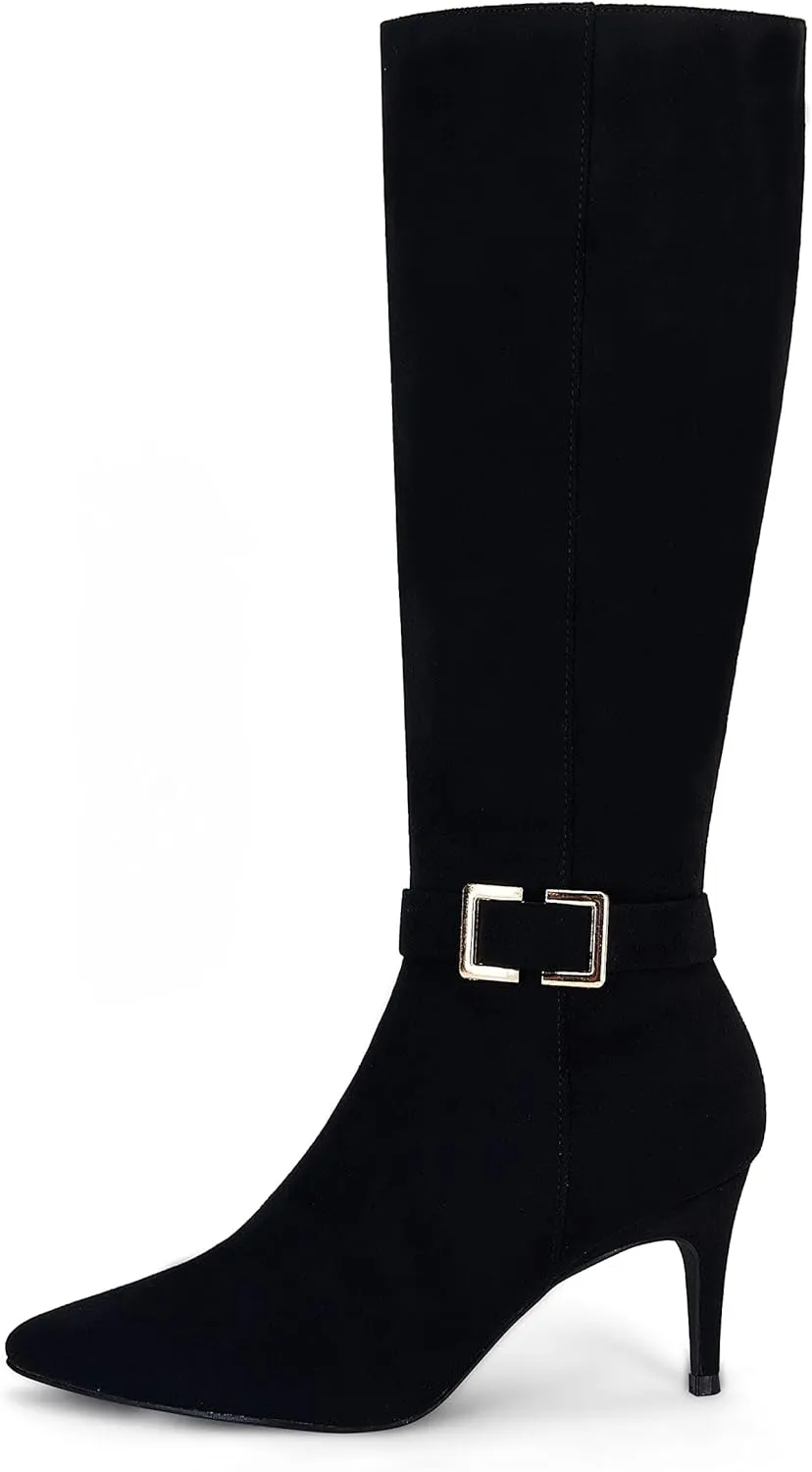 Coutgo Womens Knee High Boots Stiletto Heels Suede Pointed Toe Wide Calf Metal Buckle Side Zipper Winter Boots