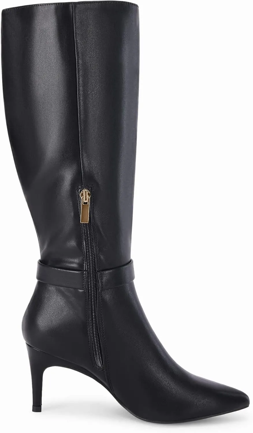Coutgo Womens Knee High Boots Stiletto Heels Suede Pointed Toe Wide Calf Metal Buckle Side Zipper Winter Boots
