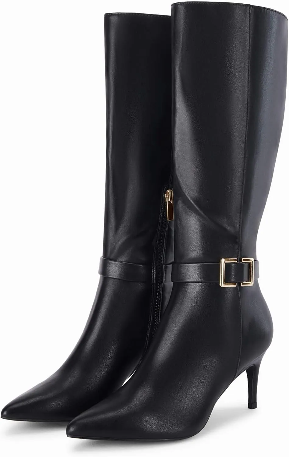 Coutgo Womens Knee High Boots Stiletto Heels Suede Pointed Toe Wide Calf Metal Buckle Side Zipper Winter Boots