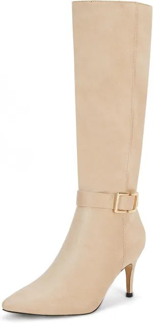 Coutgo Womens Knee High Boots Stiletto Heels Suede Pointed Toe Wide Calf Metal Buckle Side Zipper Winter Boots