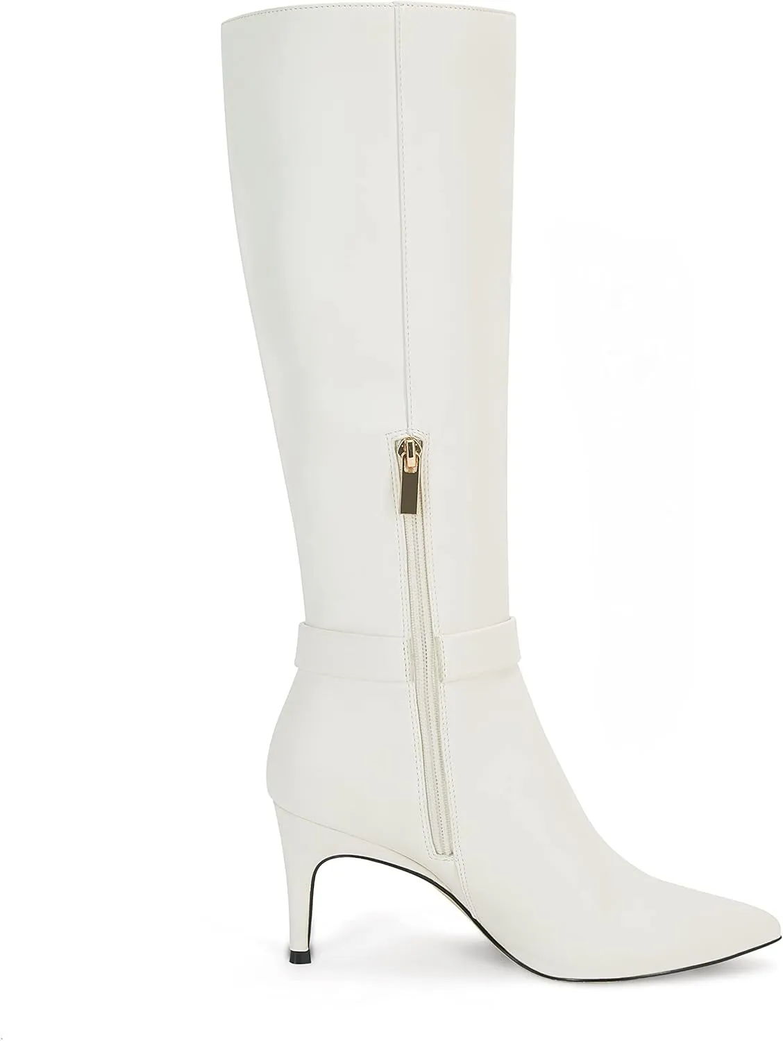Coutgo Womens Knee High Boots Stiletto Heels Suede Pointed Toe Wide Calf Metal Buckle Side Zipper Winter Boots