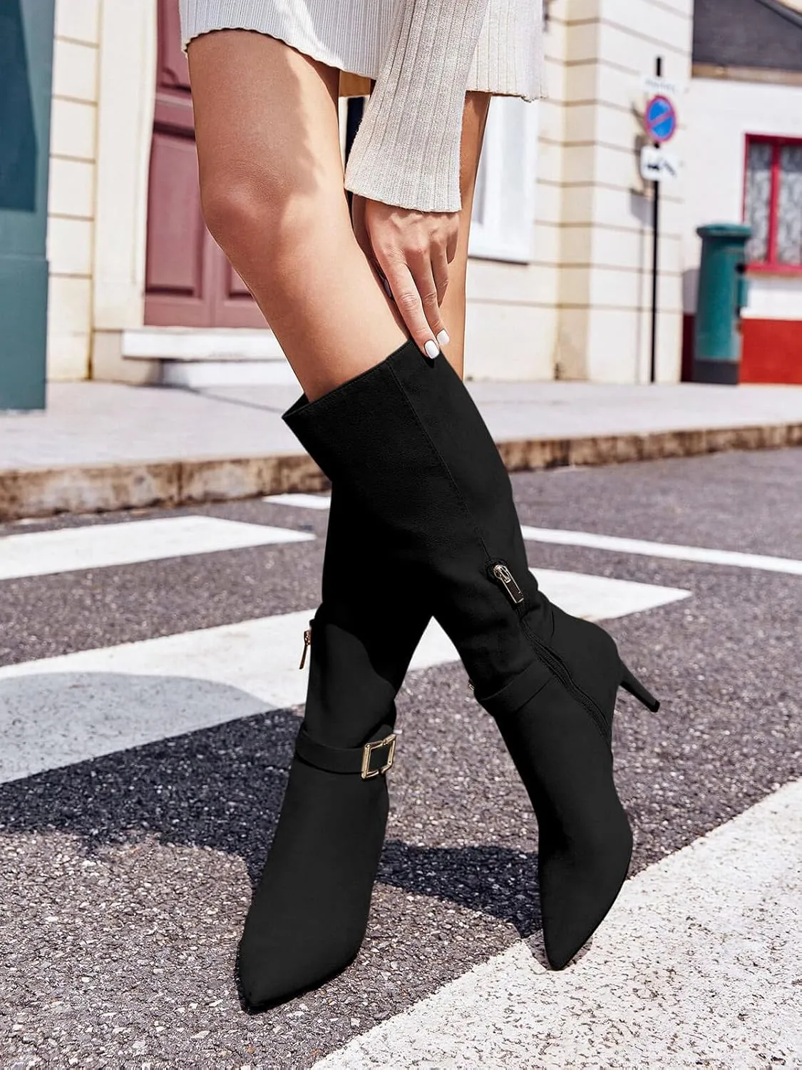 Coutgo Womens Knee High Boots Stiletto Heels Suede Pointed Toe Wide Calf Metal Buckle Side Zipper Winter Boots