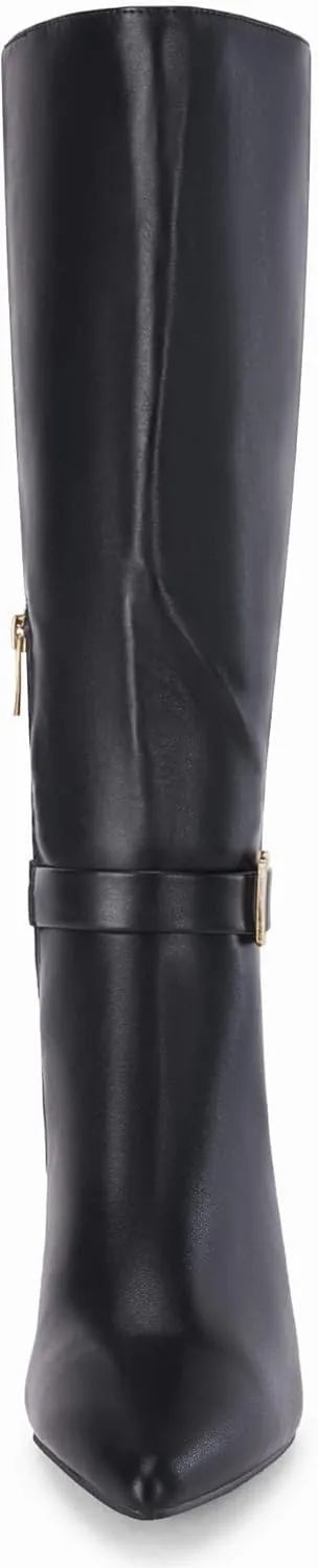 Coutgo Womens Knee High Boots Stiletto Heels Suede Pointed Toe Wide Calf Metal Buckle Side Zipper Winter Boots