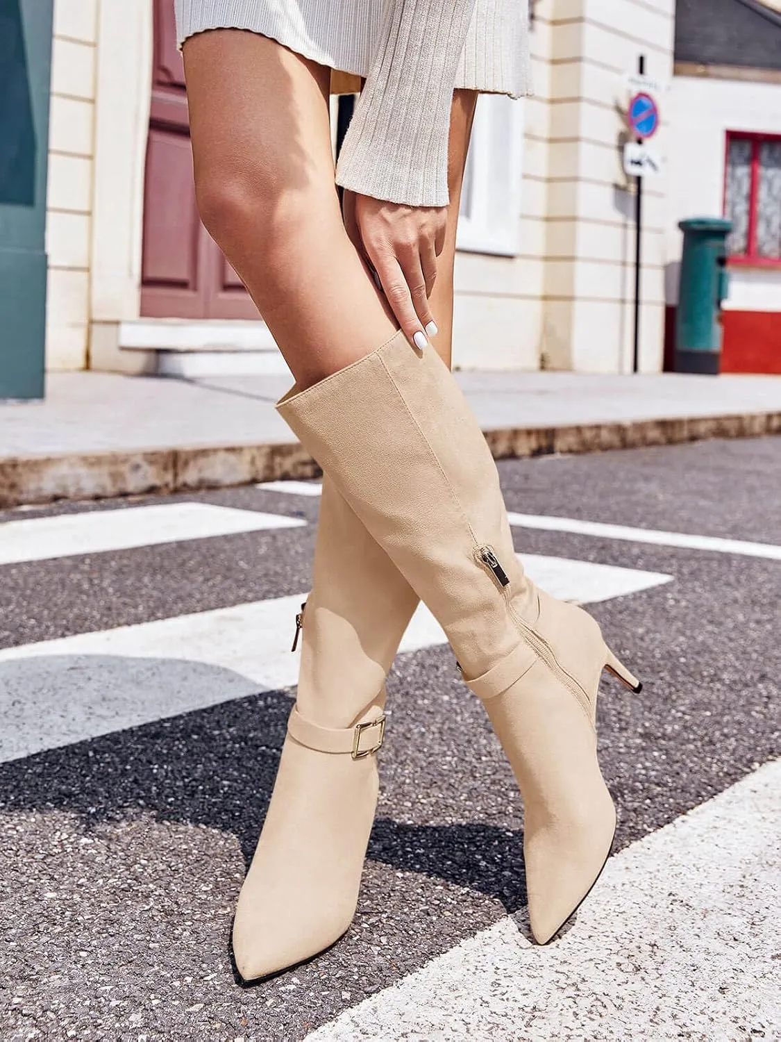 Coutgo Womens Knee High Boots Stiletto Heels Suede Pointed Toe Wide Calf Metal Buckle Side Zipper Winter Boots