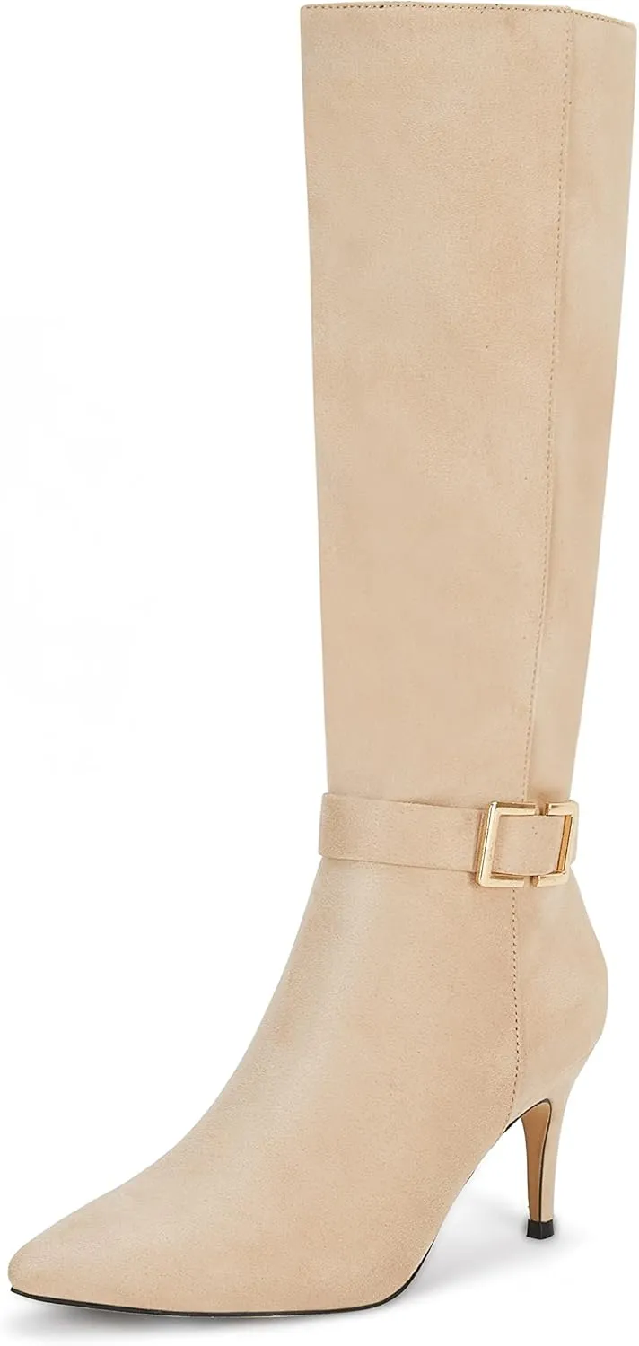 Coutgo Womens Knee High Boots Stiletto Heels Suede Pointed Toe Wide Calf Metal Buckle Side Zipper Winter Boots