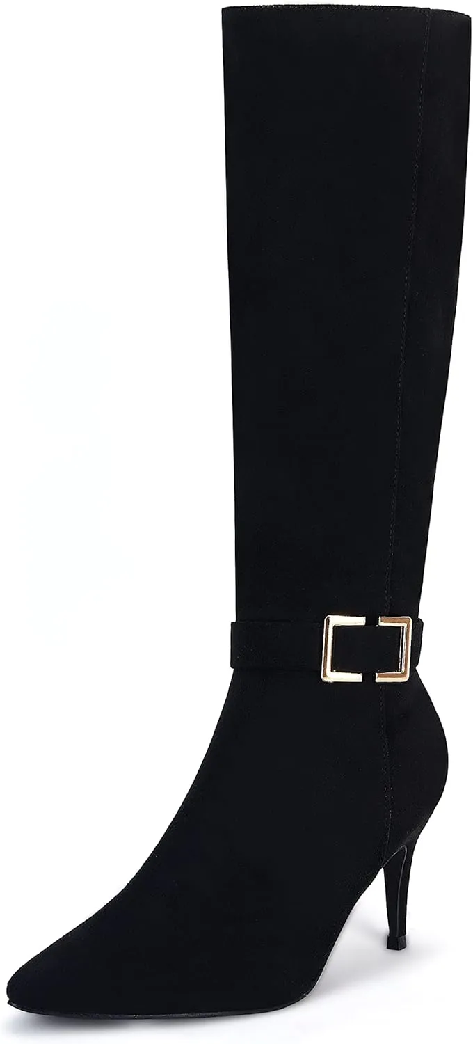 Coutgo Womens Knee High Boots Stiletto Heels Suede Pointed Toe Wide Calf Metal Buckle Side Zipper Winter Boots