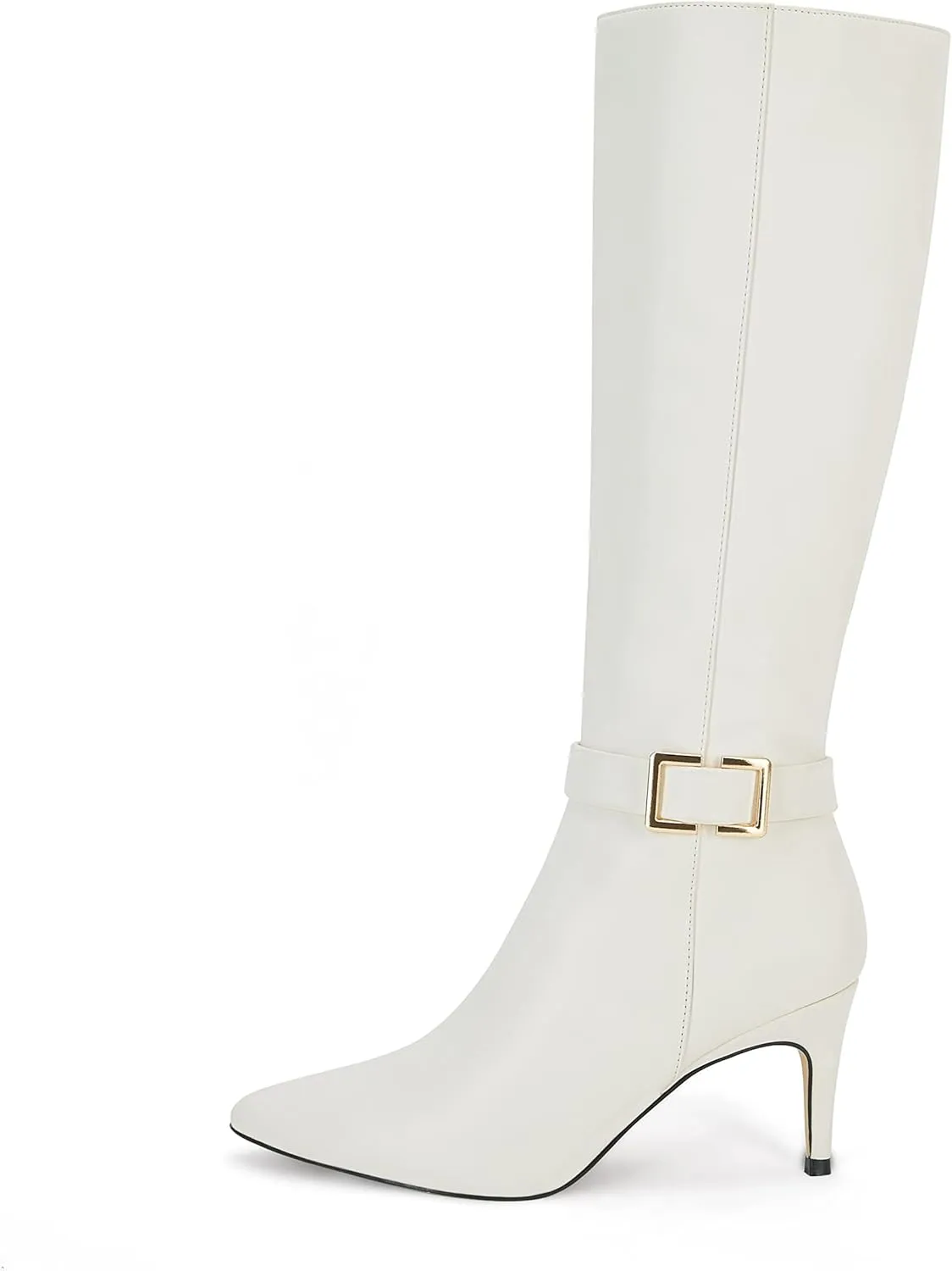 Coutgo Womens Knee High Boots Stiletto Heels Suede Pointed Toe Wide Calf Metal Buckle Side Zipper Winter Boots