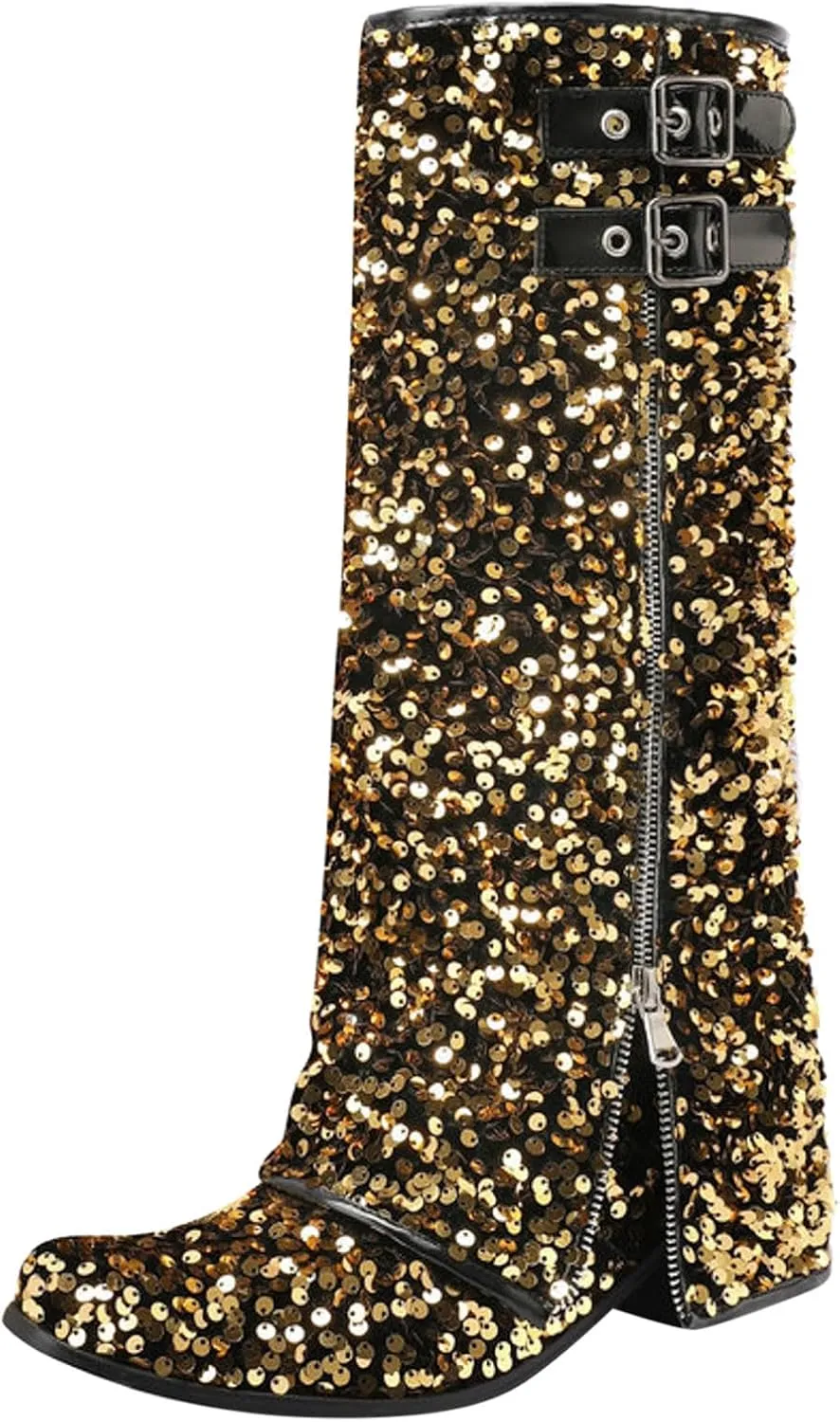 Cowboy Boots For Women Sequin Performance Low Chunky Heels Western Cowboy Boots Knee High Zipper Buckle Bootie