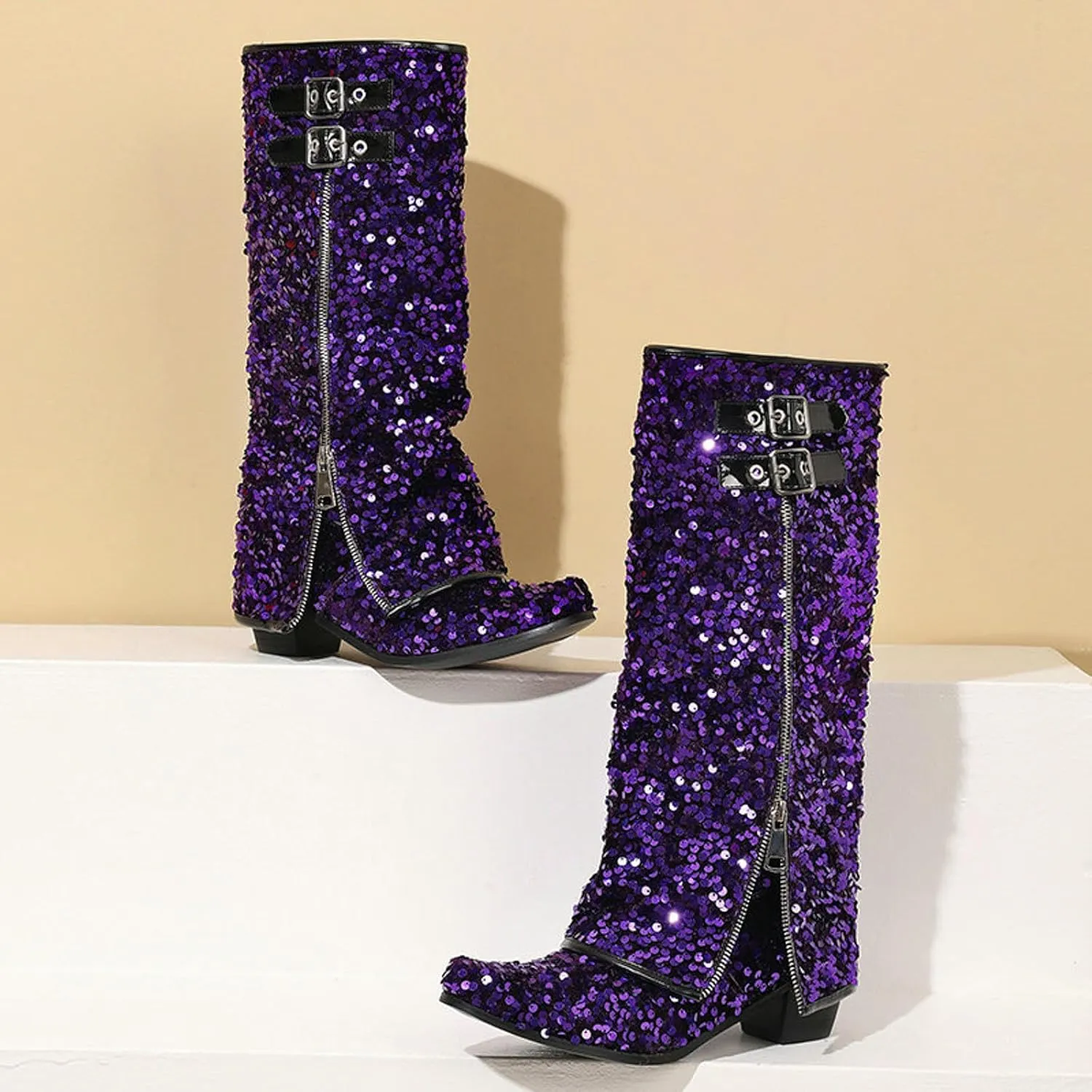 Cowboy Boots For Women Sequin Performance Low Chunky Heels Western Cowboy Boots Knee High Zipper Buckle Bootie