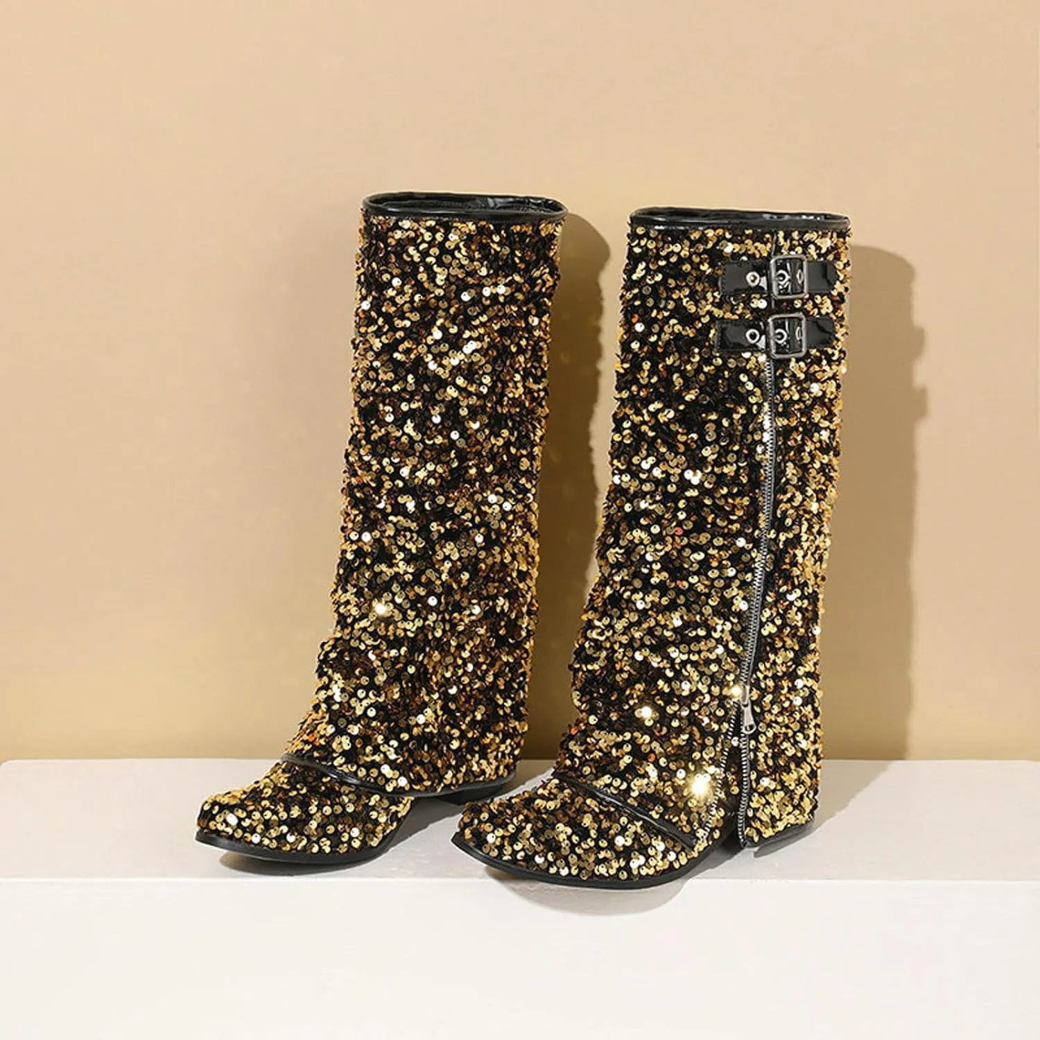 Cowboy Boots For Women Sequin Performance Low Chunky Heels Western Cowboy Boots Knee High Zipper Buckle Bootie