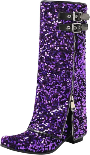 Cowboy Boots For Women Sequin Performance Low Chunky Heels Western Cowboy Boots Knee High Zipper Buckle Bootie