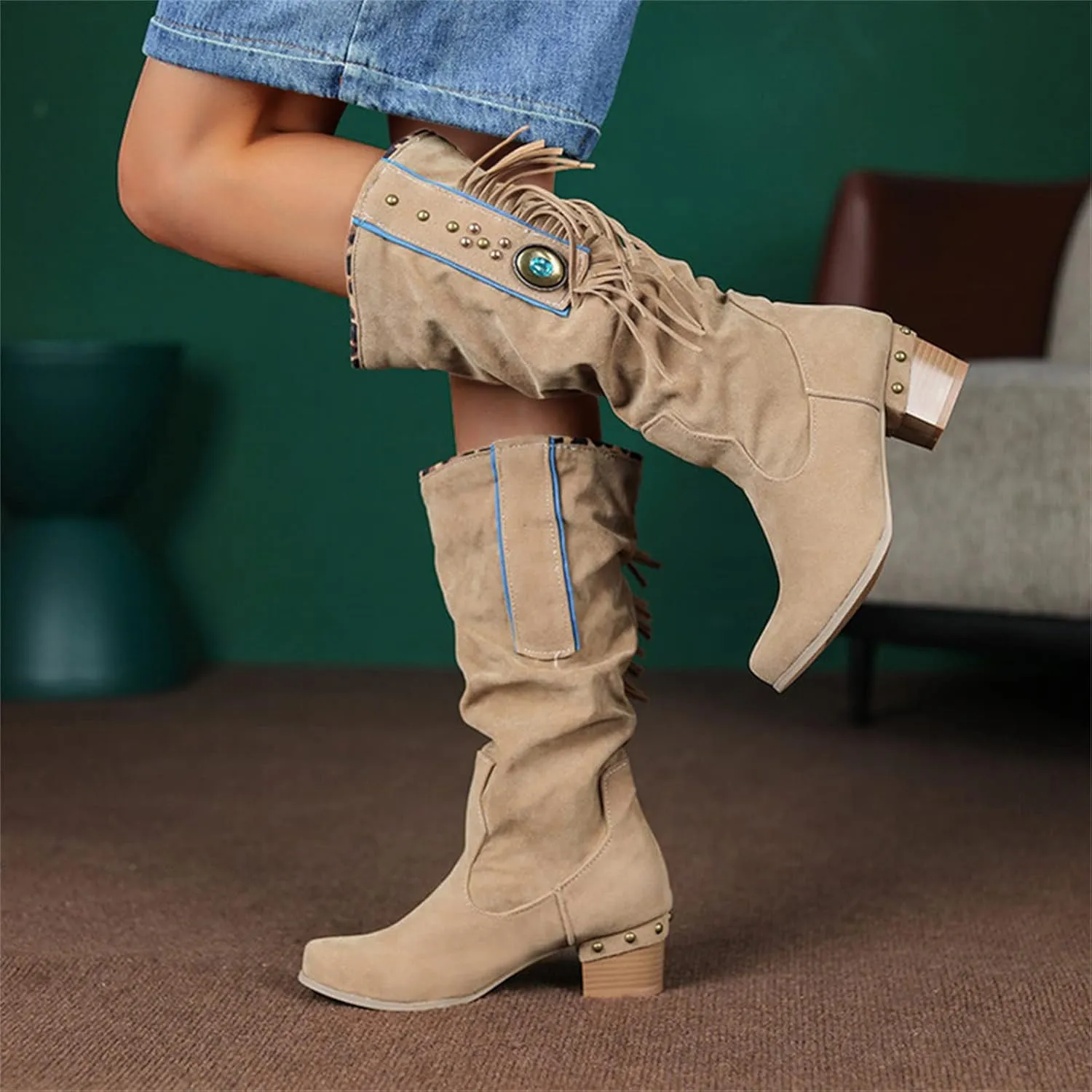 Cowboy Boots For Women Sequin Performance Low Chunky Heels Western Cowboy Boots Knee High Zipper Buckle Bootie