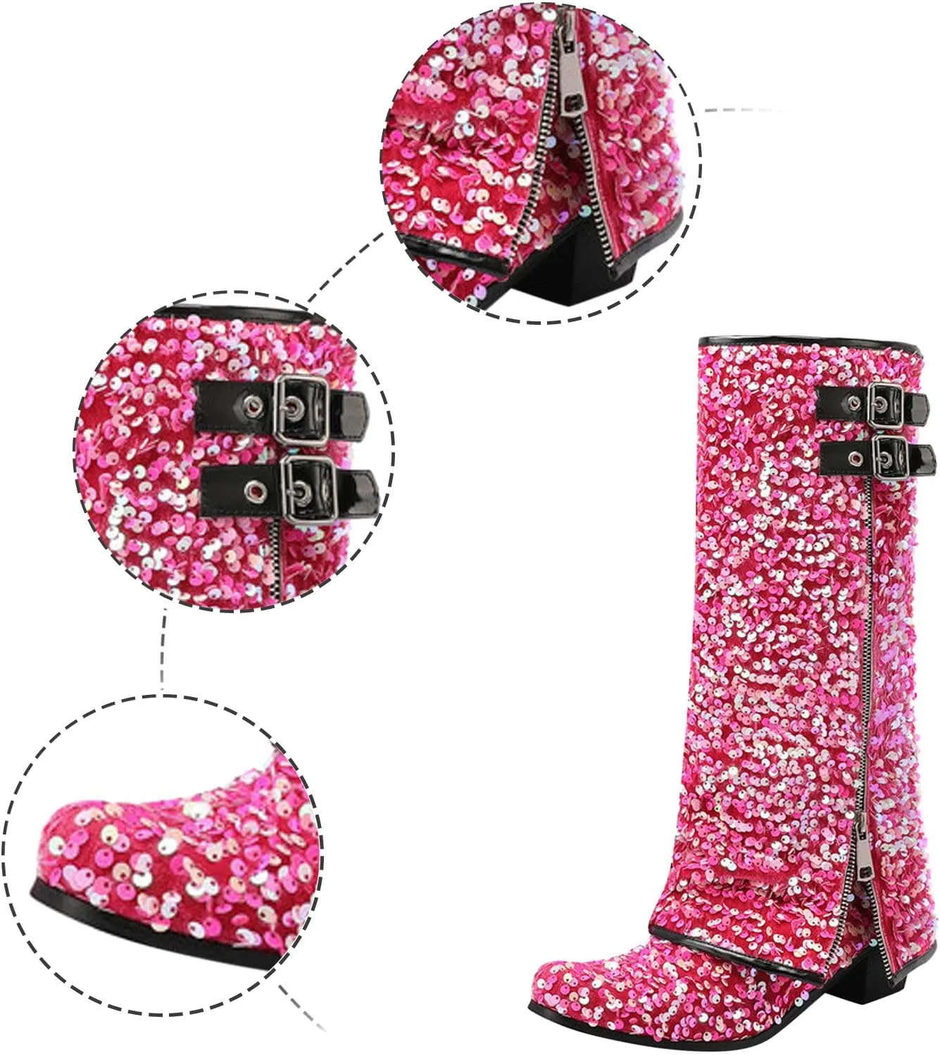 Cowboy Boots For Women Sequin Performance Low Chunky Heels Western Cowboy Boots Knee High Zipper Buckle Bootie