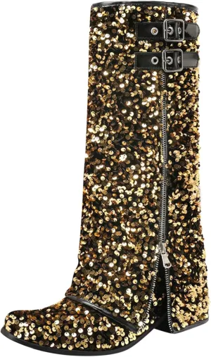 Cowboy Boots For Women Sequin Performance Low Chunky Heels Western Cowboy Boots Knee High Zipper Buckle Bootie