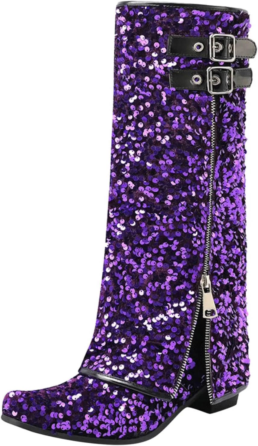 Cowboy Boots For Women Sequin Performance Low Chunky Heels Western Cowboy Boots Knee High Zipper Buckle Bootie