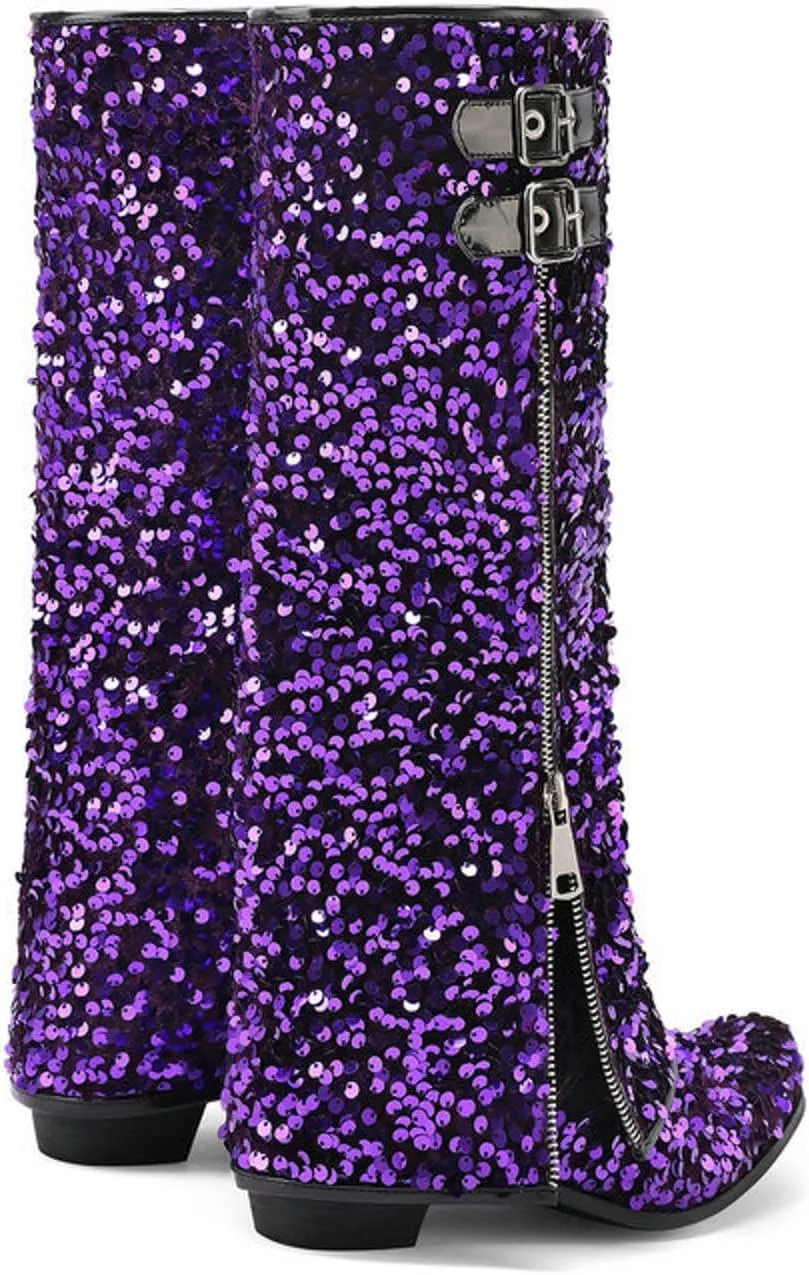 Cowboy Boots For Women Sequin Performance Low Chunky Heels Western Cowboy Boots Knee High Zipper Buckle Bootie