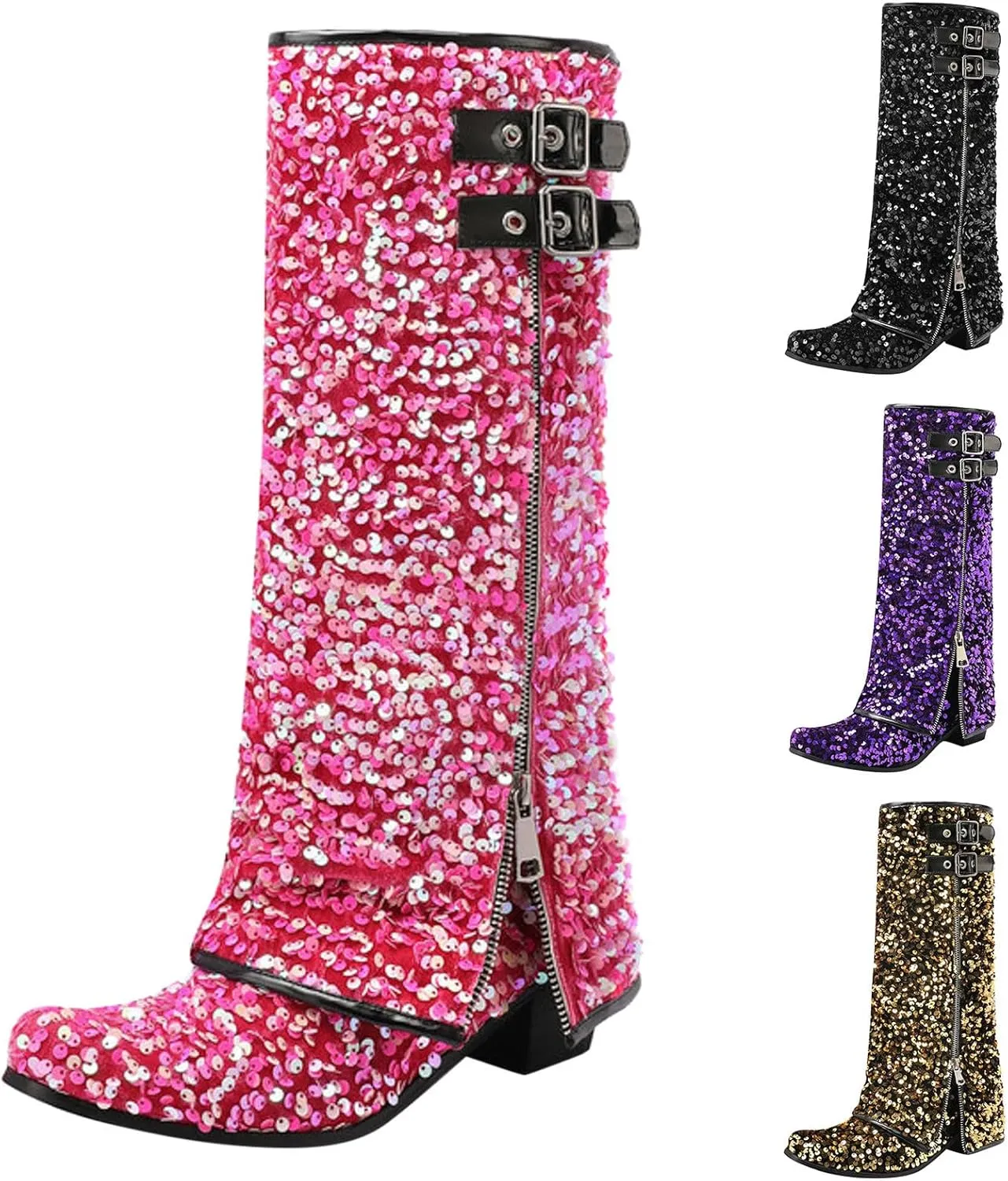 Cowboy Boots For Women Sequin Performance Low Chunky Heels Western Cowboy Boots Knee High Zipper Buckle Bootie