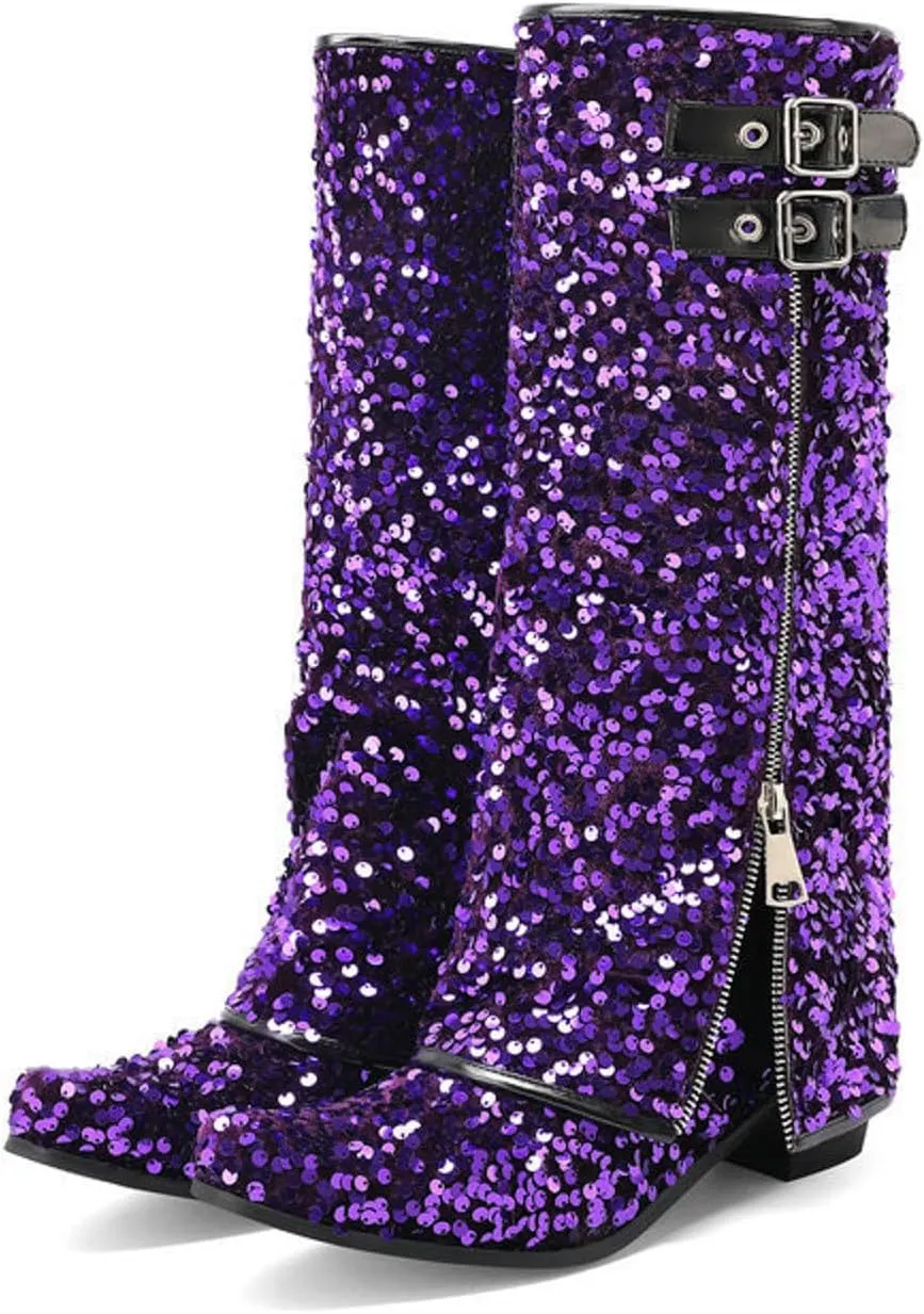 Cowboy Boots For Women Sequin Performance Low Chunky Heels Western Cowboy Boots Knee High Zipper Buckle Bootie