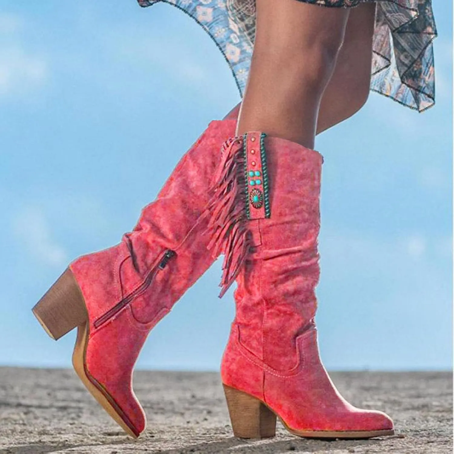 Cowboy Boots For Women Sequin Performance Low Chunky Heels Western Cowboy Boots Knee High Zipper Buckle Bootie