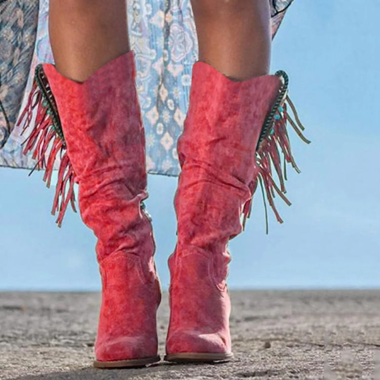 Cowboy Boots For Women Sequin Performance Low Chunky Heels Western Cowboy Boots Knee High Zipper Buckle Bootie