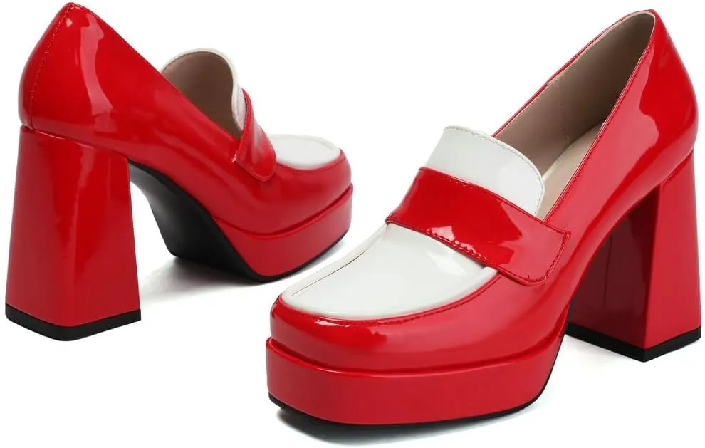 DINTAHA Platform Loafers for Women Chunky Heel Square Toe Pumps Patent Leather Heels