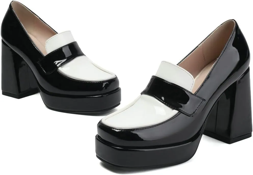 DINTAHA Platform Loafers for Women Chunky Heel Square Toe Pumps Patent Leather Heels