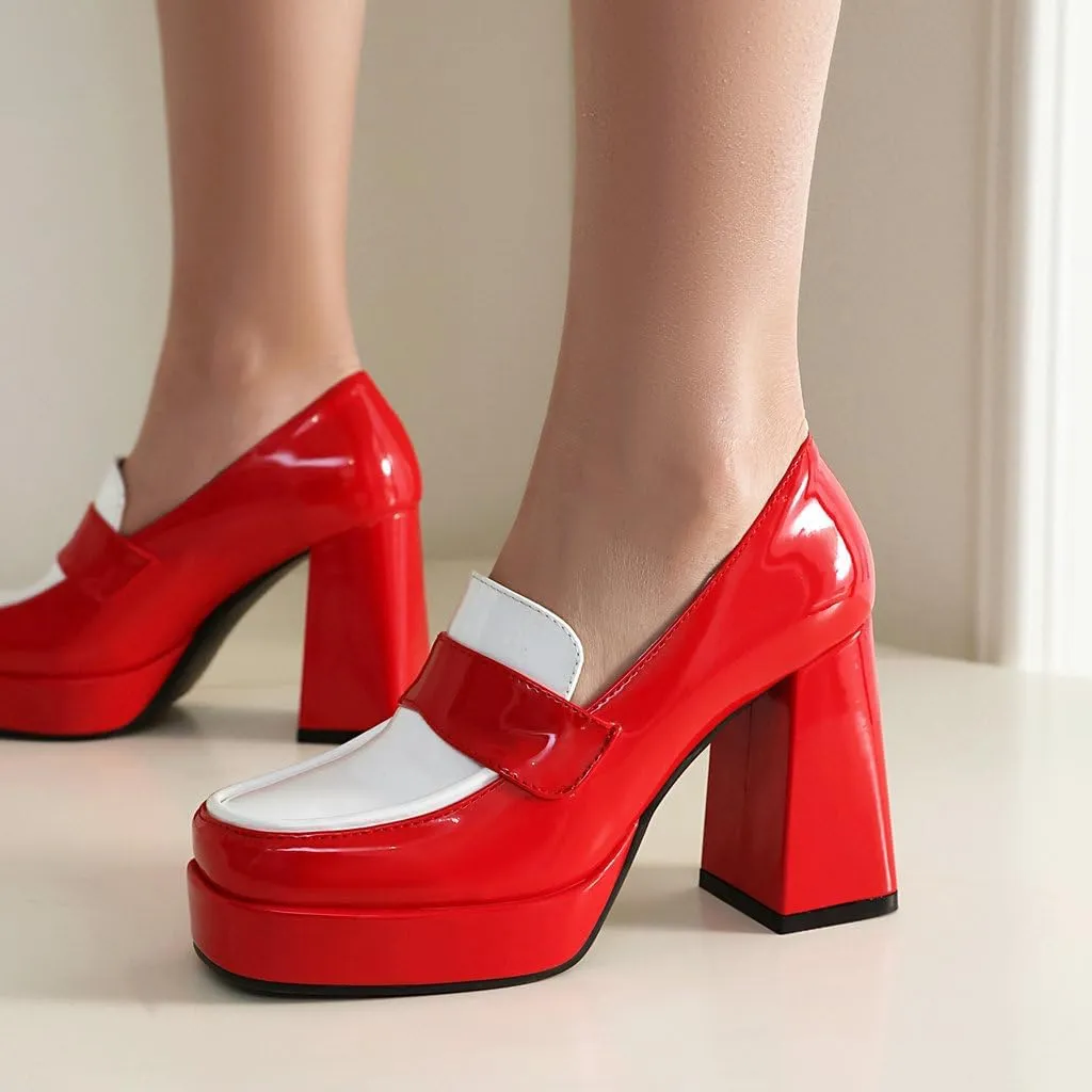 DINTAHA Platform Loafers for Women Chunky Heel Square Toe Pumps Patent Leather Heels