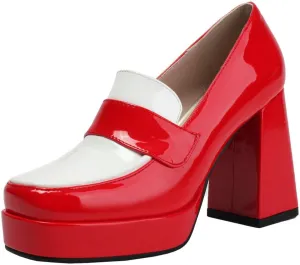DINTAHA Platform Loafers for Women Chunky Heel Square Toe Pumps Patent Leather Heels