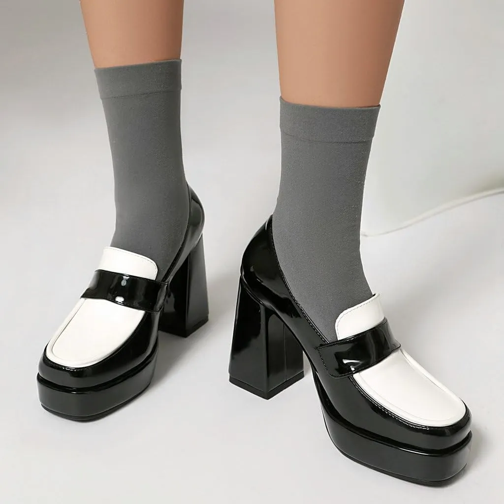 DINTAHA Platform Loafers for Women Chunky Heel Square Toe Pumps Patent Leather Heels