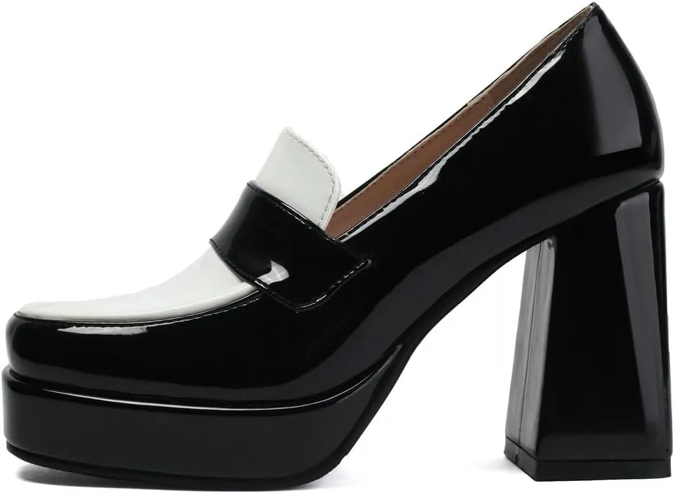 DINTAHA Platform Loafers for Women Chunky Heel Square Toe Pumps Patent Leather Heels