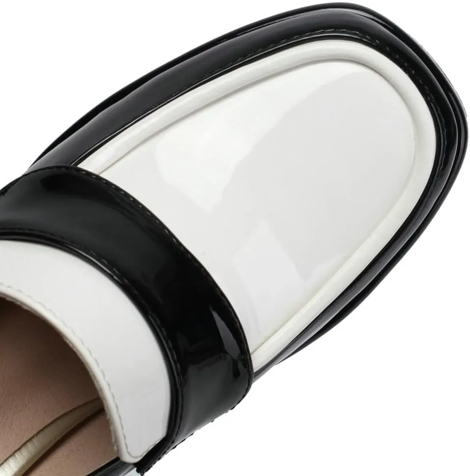 DINTAHA Platform Loafers for Women Chunky Heel Square Toe Pumps Patent Leather Heels