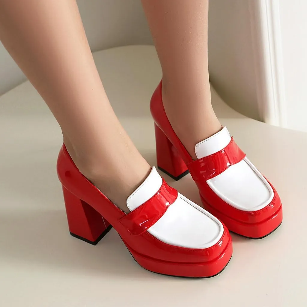 DINTAHA Platform Loafers for Women Chunky Heel Square Toe Pumps Patent Leather Heels