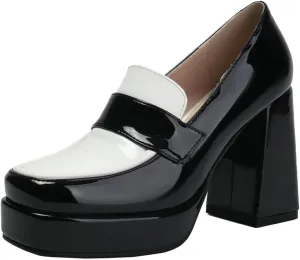 DINTAHA Platform Loafers for Women Chunky Heel Square Toe Pumps Patent Leather Heels