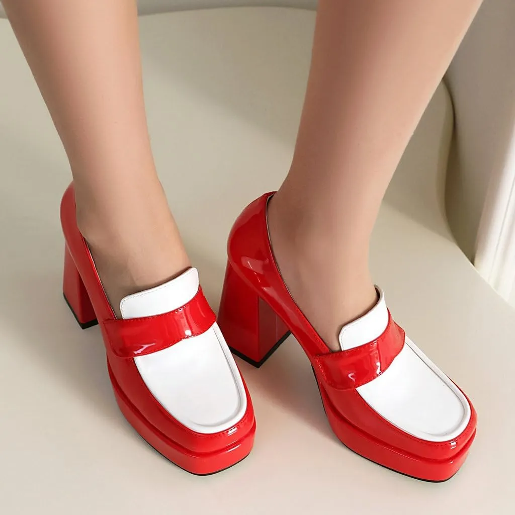 DINTAHA Platform Loafers for Women Chunky Heel Square Toe Pumps Patent Leather Heels